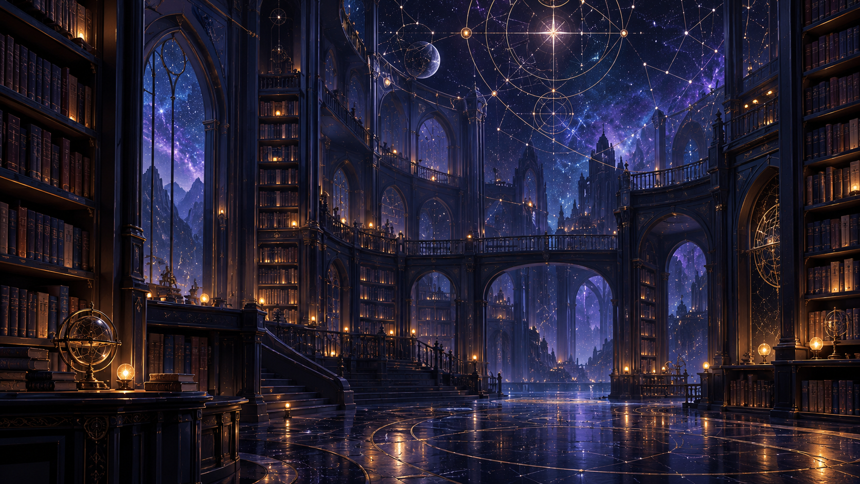夜の本棚と星の光を抽象的に描いた動画サムネイル用の背景（夜の朗読の棚）